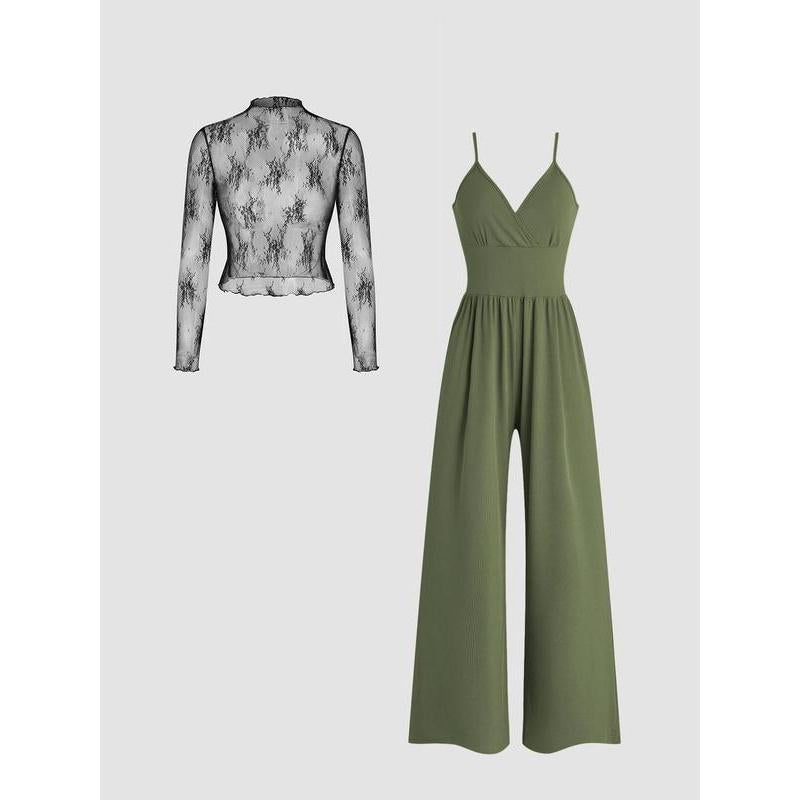 MIRYAM™ - Solid Color Lace Tee & Pocket Jumpsuit Set