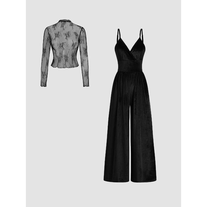 MIRYAM™ - Solid Color Lace Tee & Pocket Jumpsuit Set