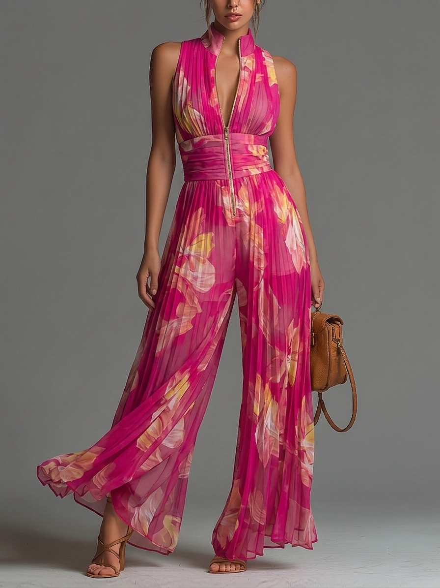 Zorae Jumpsuit | Fuchsia Floral Pleated Chiffon