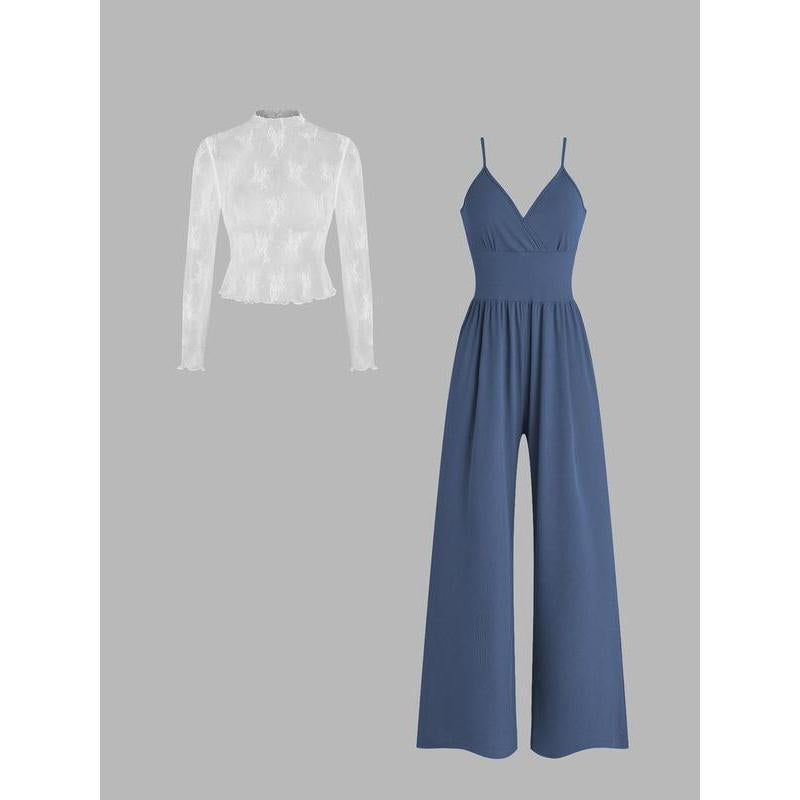MIRYAM™ - Solid Color Lace Tee & Pocket Jumpsuit Set