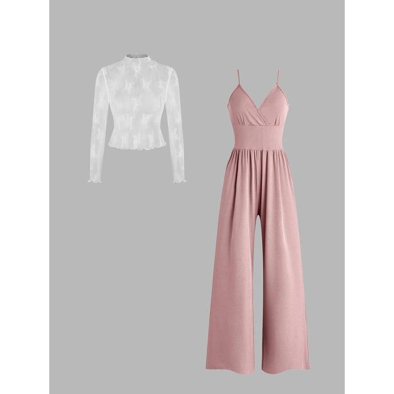 MIRYAM™ - Solid Color Lace Tee & Pocket Jumpsuit Set