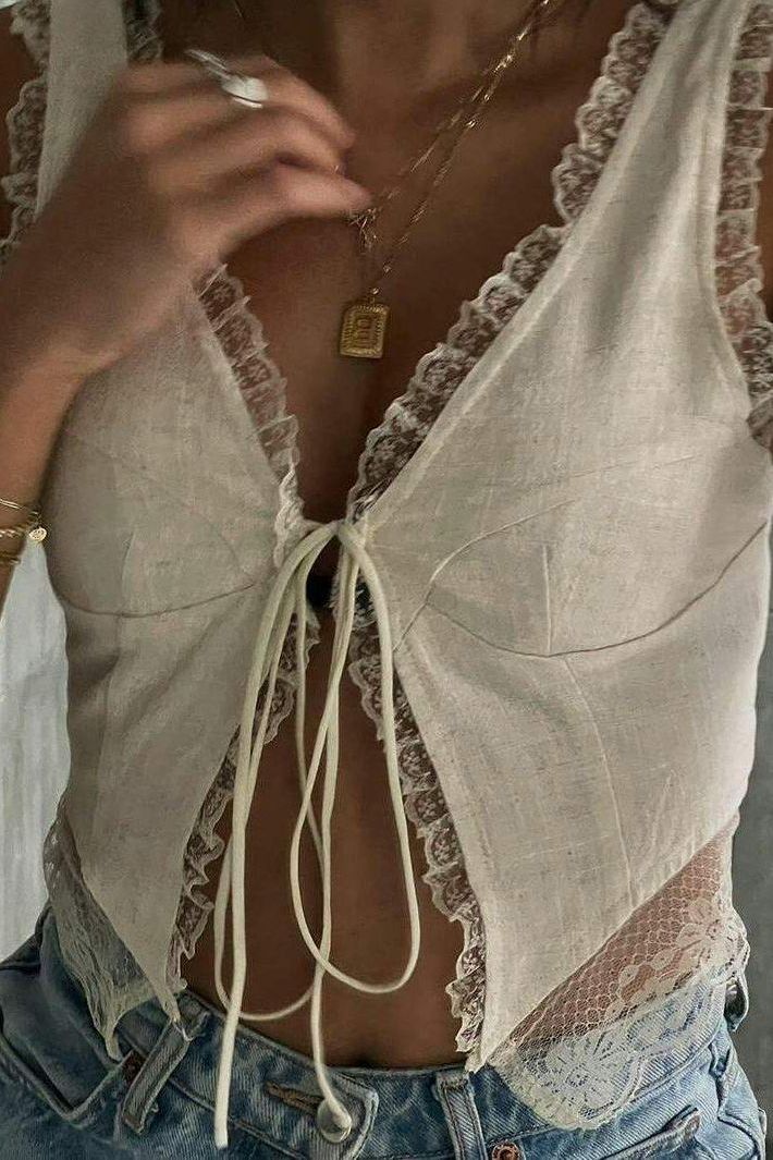 Liorael - Front Tie-Top with Lace Trims
